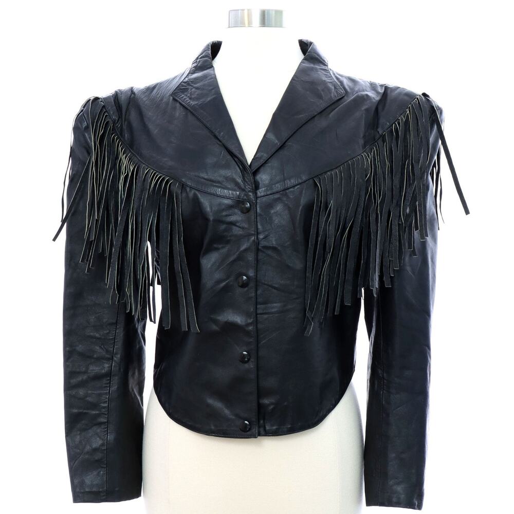 Vintage 80s Women's Medium Black Fringe Leather Jacket Western Biker